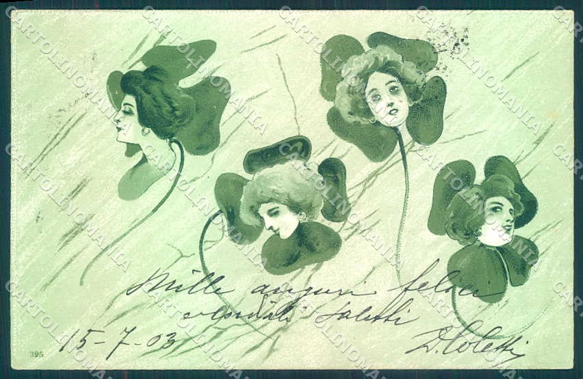 Artist Signed Kirchner Style Lady Four Leaf Clover Art Nouveau pc VK8890 – fronte