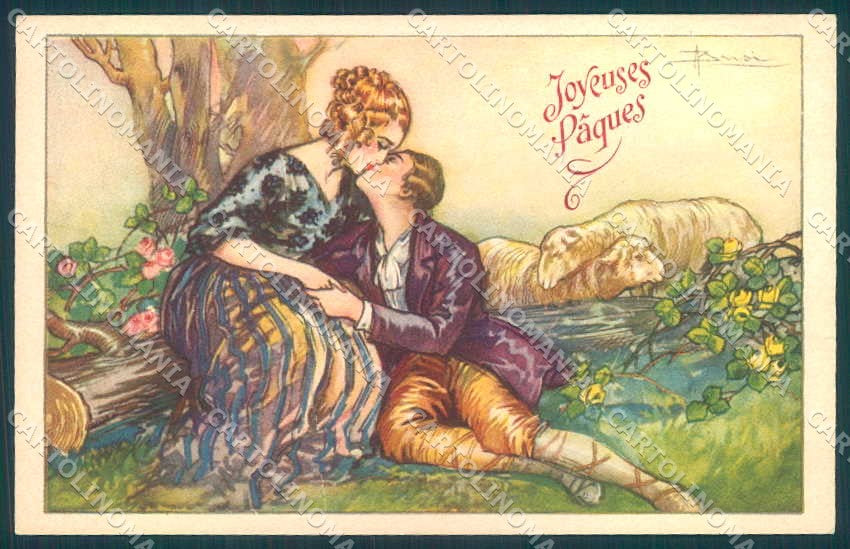 Artist Signed Busi Lady Romantic Couple Easter serie 611-2 CREASED pc VK8936 – fronte