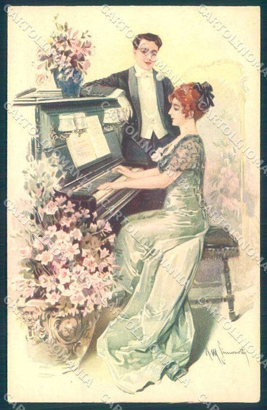 Artist Signed Simonetti Lady Romantic Couple Piano serie 292-4 postcard VK9083 – fronte
