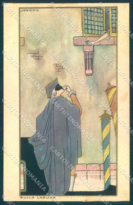 Artist Signed Scattina Pierrot Venezia Art Deco Sborgi postcard VK9141 – fronte
