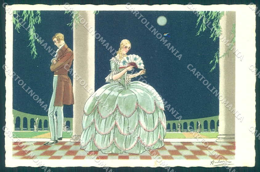 Artist Signed Ambert Lady Romantic Couple Art Deco Moon serie 2590 pc VK9322 – fronte