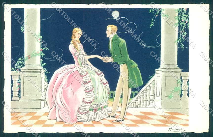 Artist Signed Ambert Lady Romantic Couple Art Deco Moon serie 2590-2 pc VK9323 – fronte