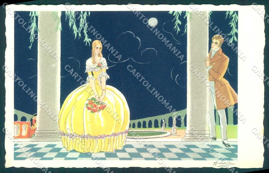 Artist Signed Ambert Lady Romantic Couple Art Deco Moon serie 2590-3 pc VK9324 – fronte