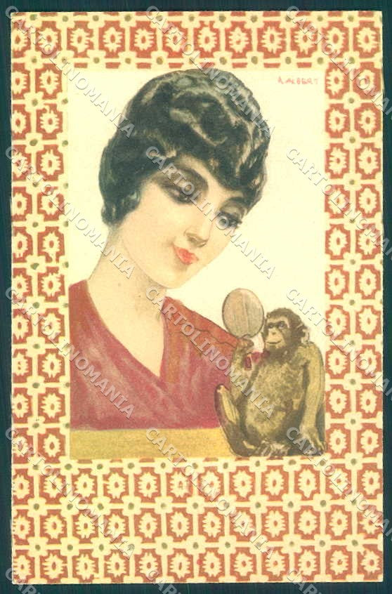 Artist Signed Albert Lady Monkey Art Deco Make up serie 114 postcard VK9338 – fronte