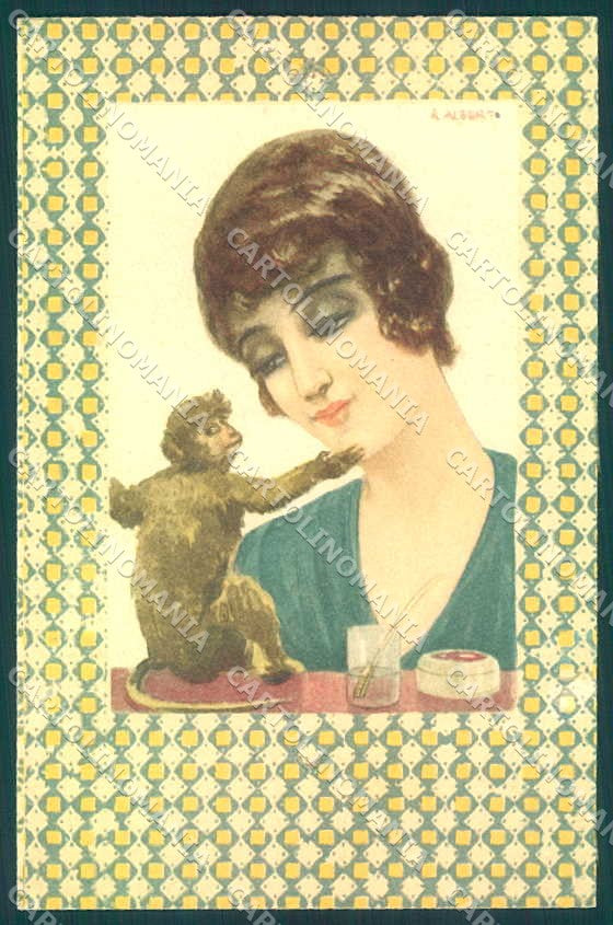 Artist Signed Albert Lady Monkey Art Deco Make up serie 114 postcard VK9342 – fronte