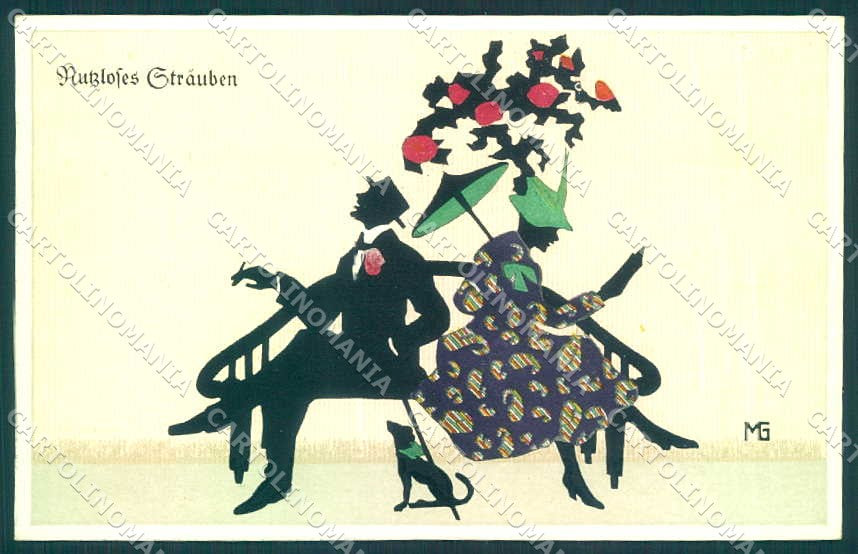 Artist Signed MG Grosze Manni Lady Couple Dog Silhouette serie 235 pc VK9362 – fronte
