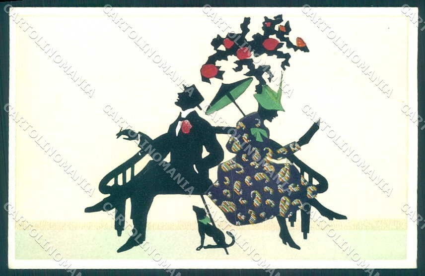 Artist Signed MG Grosze Manni Lady Couple Dog Silhouette postcard VK9363 – fronte