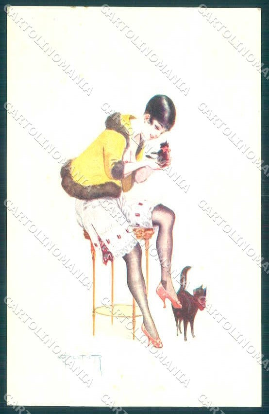 Artist Signed Peltier Risque Lady Parisienne Chez Elle Cat serie 10-47 pc VK9382 – fronte