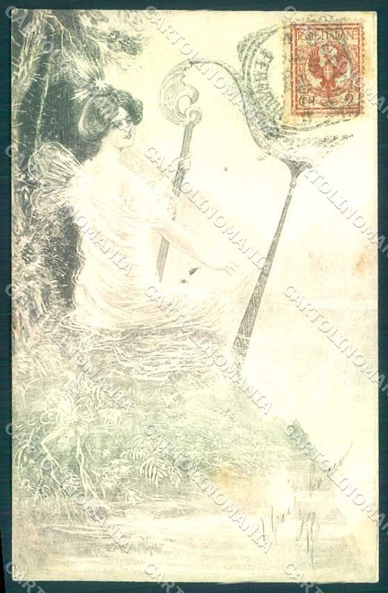 Artist Signed ED Lady Fairy Fantasy Harp Viennoise Art Nouveau postcard VK9398 – fronte