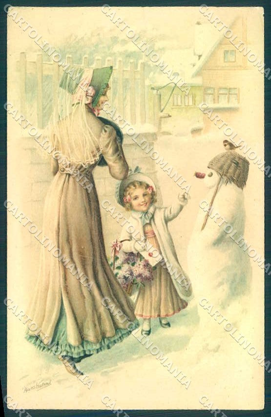 Artist Signed Watral Fashion Glamour Lady Girl Snowman CREASED postcard VK9400 – fronte