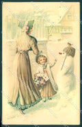 Artist Signed Watral Fashion Glamour Lady Girl Snowman CREASED postcard VK9400 – fronte