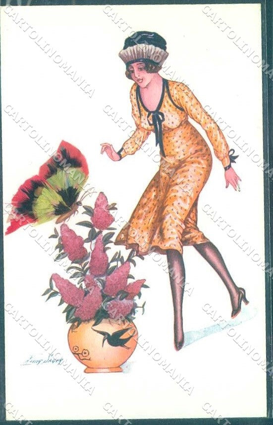 Artist Signed Sager Fashion Glamour Lady Les Papillons Noyer serie 104 pc VK9409 – fronte