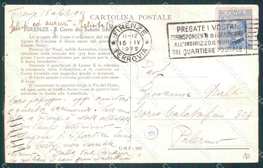 Firenze Città Scoppio Carro Sabato Santo Buoi cartolina WX0860 – retro