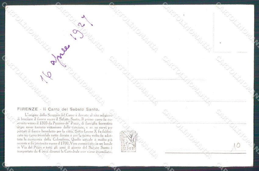 Firenze Città Carro Sabato Santo Buoi cartolina WX0881 – retro