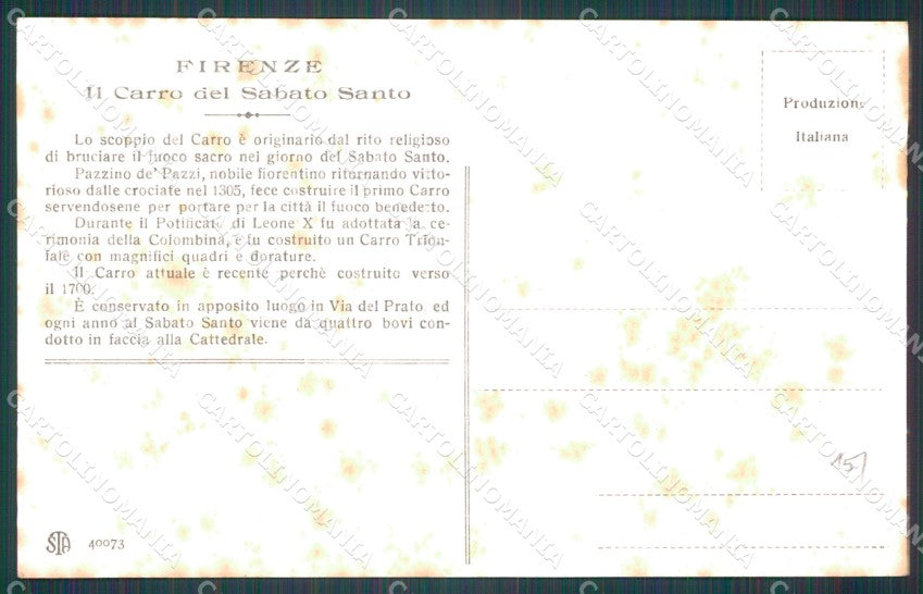 Firenze Città Scoppio Carro Sabato Santo MACCHIE cartolina WX0891 – retro