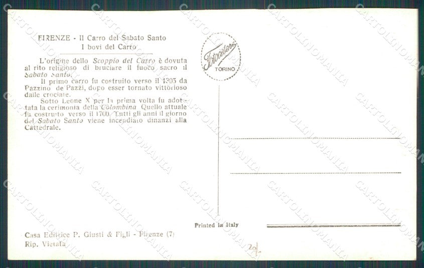 Firenze Città Carro Sabato Santo Buoi Foto cartolina WX0912 – retro