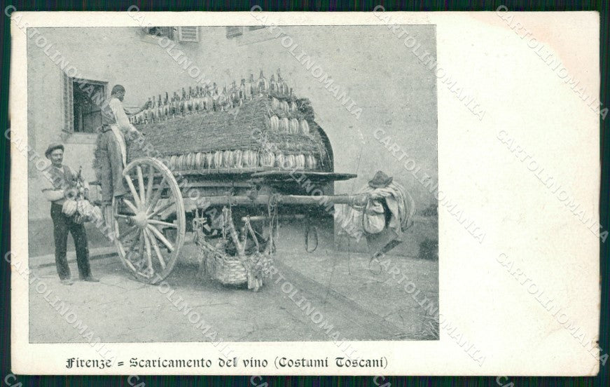 Firenze Città Carro Scaricamento Vino Fiaschi Costumi STRAPPINO cartolina WX0966 – fronte