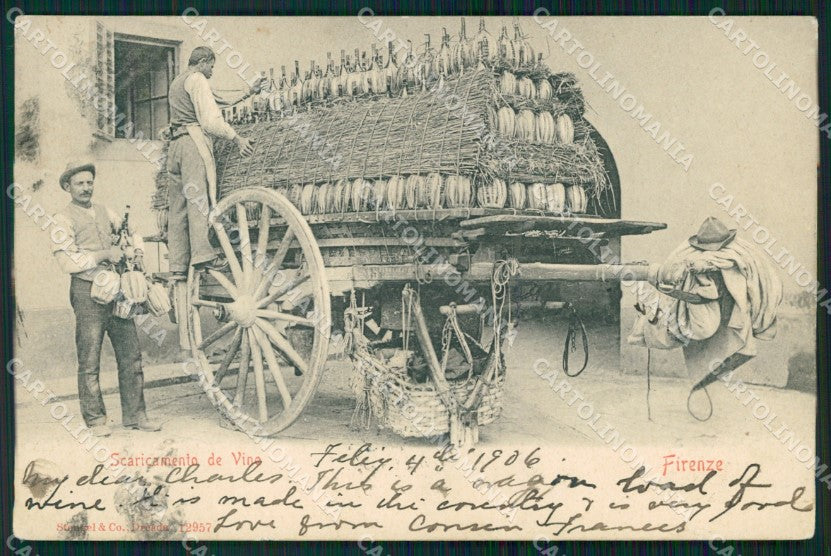 Firenze Città Scaricamento Vino Fiaschi MACCHIE cartolina WX0983 – fronte