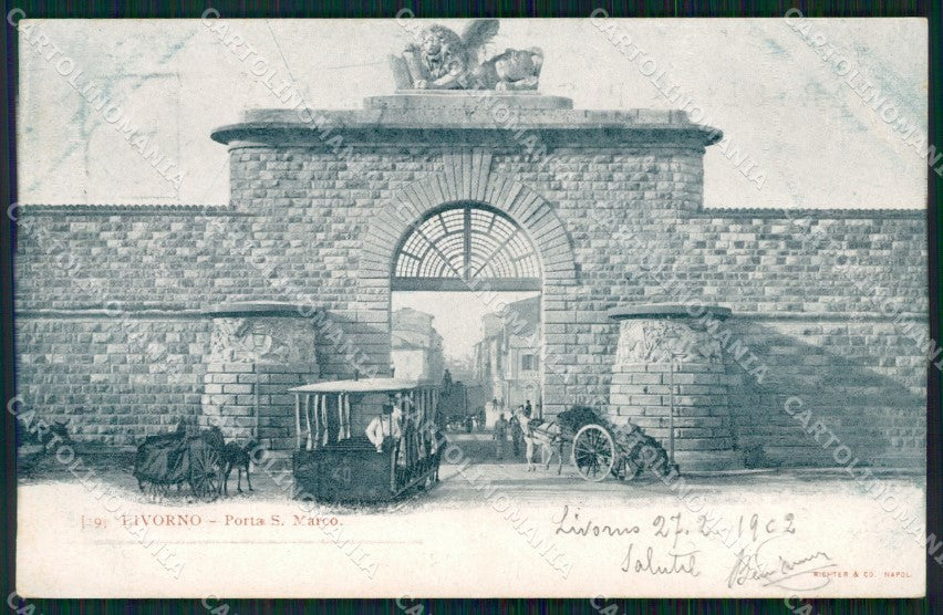 Livorno Città Porta San Marco Tram a Cavalli MACCHIE cartolina WX1778 – fronte