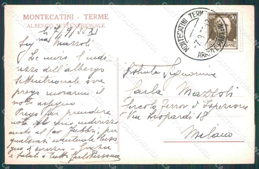 Pistoia Montecatini Albergo Settentrionale cartolina WX1943 – retro