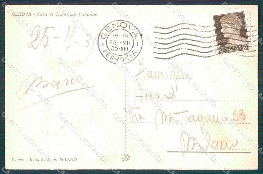 Genova Città Casa Cristoforo Colombo cartolina WX2933 – retro