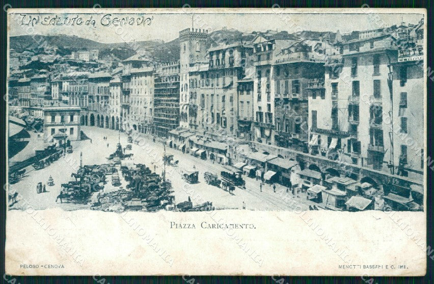 Genova Città Piazza Caricamento Carretti PIEGHINA MACCHIE cartolina WX3411 – fronte