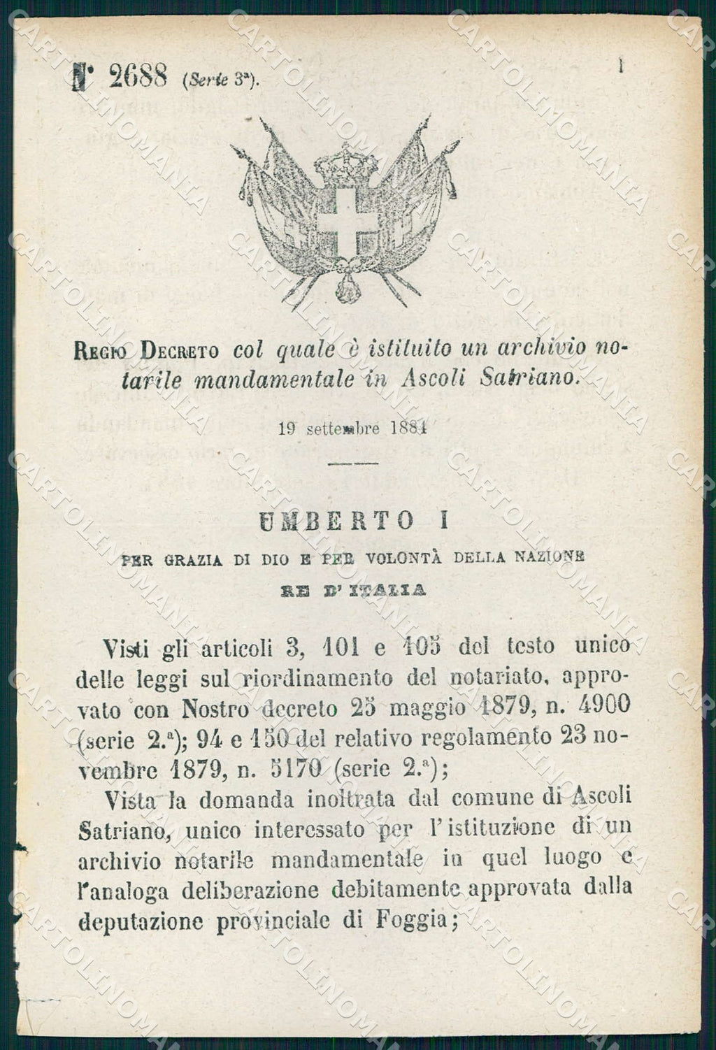 Regio Decreto N 2688 1884 Comune Ascoli Satriano Archivio Notarile WX7186 – fronte