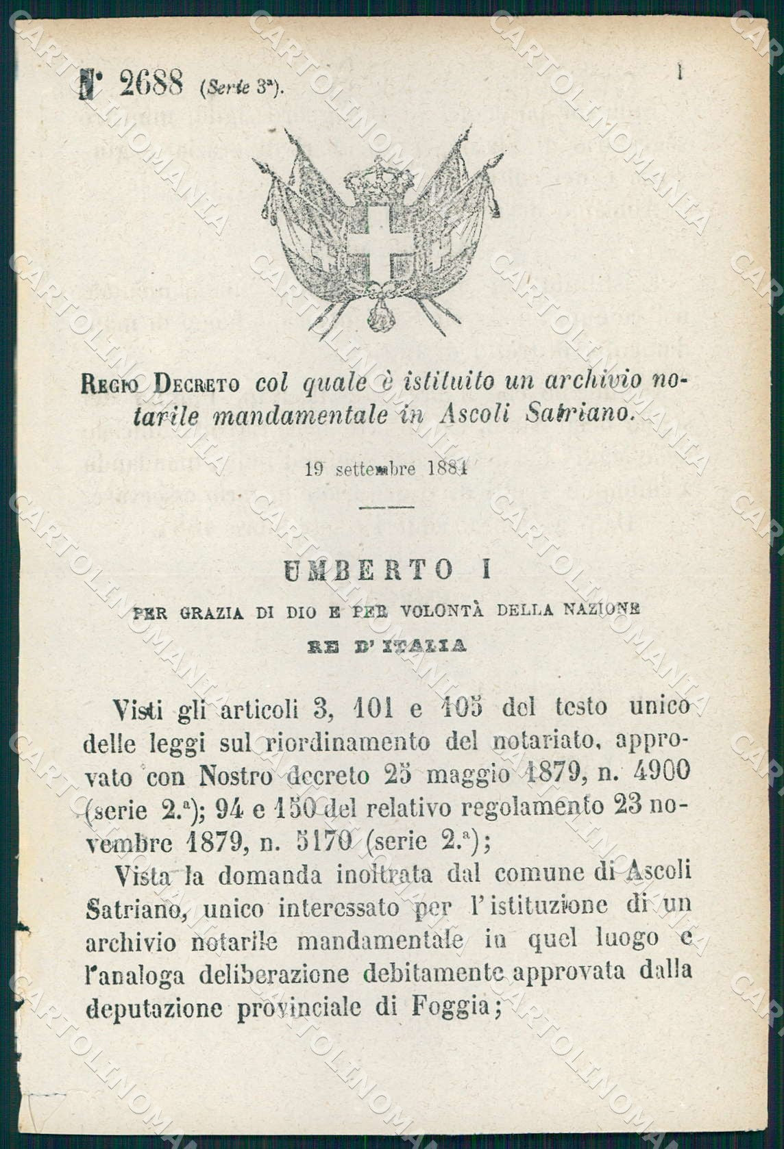 Regio Decreto N 2688 1884 Comune Ascoli Satriano Archivio Notarile WX7186 – fronte