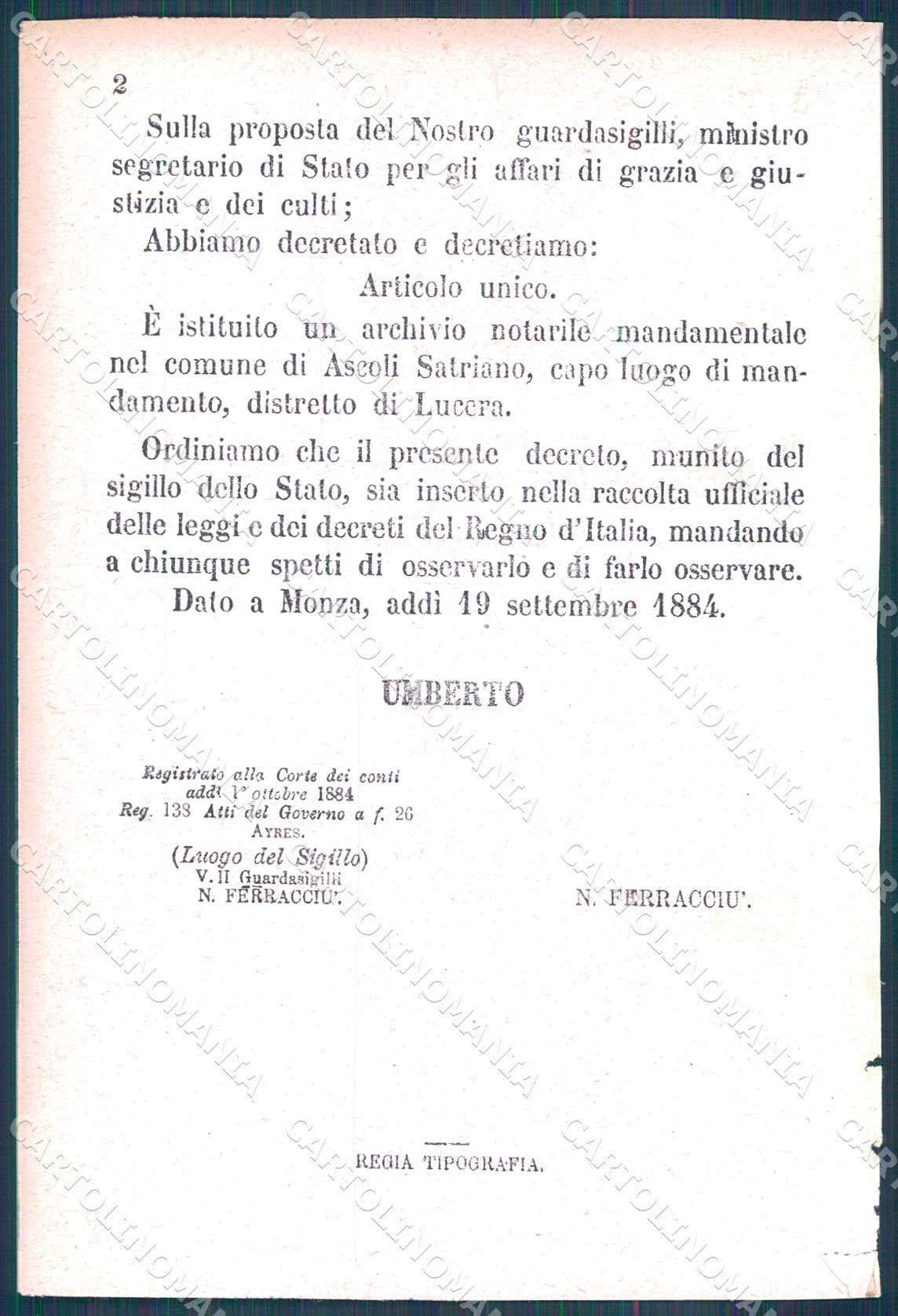 Regio Decreto N 2688 1884 Comune Ascoli Satriano Archivio Notarile WX7186 – retro
