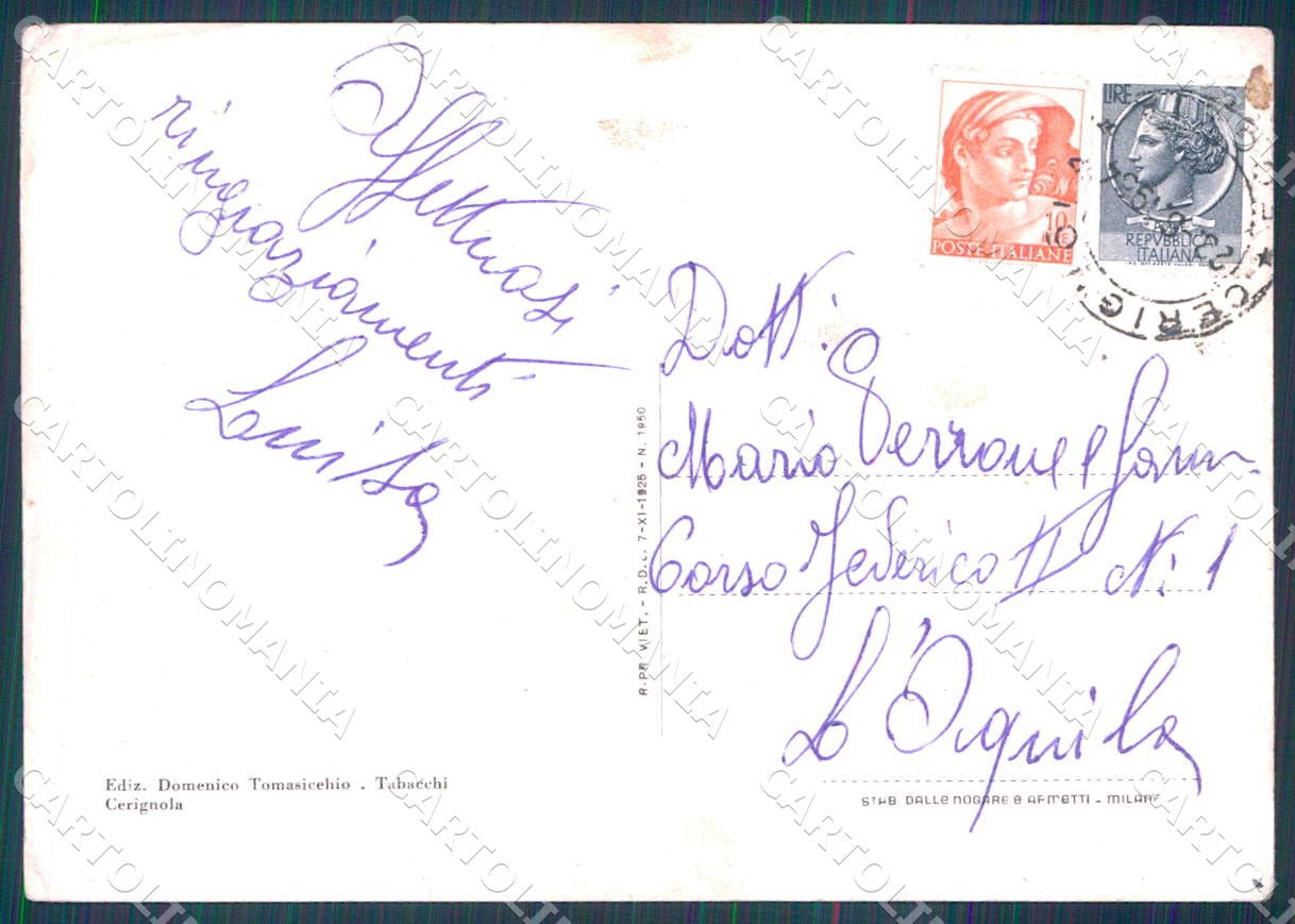 Foggia Cerignola Piazza Duomo Via Roma Corriera FG cartolina WX7194 – retro