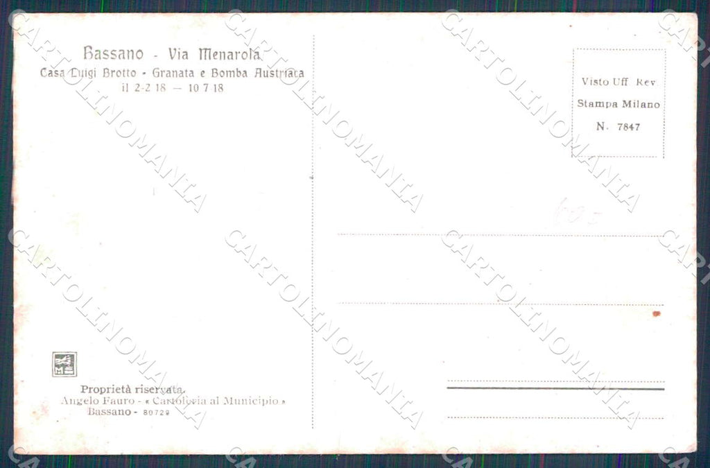 Vicenza Bassano Via Menarola Casa Brotto bomba Austriaca cartolina WX7271 – retro