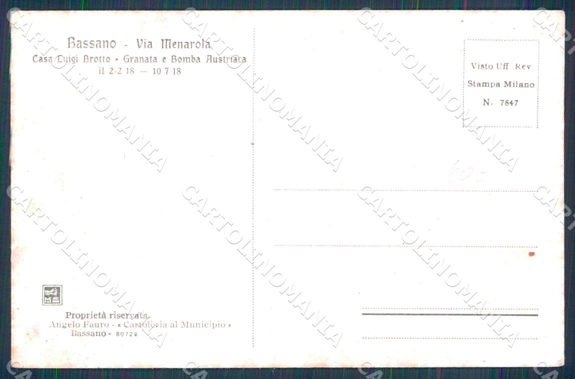 Vicenza Bassano Via Menarola Casa Brotto bomba Austriaca cartolina WX7271 – retro