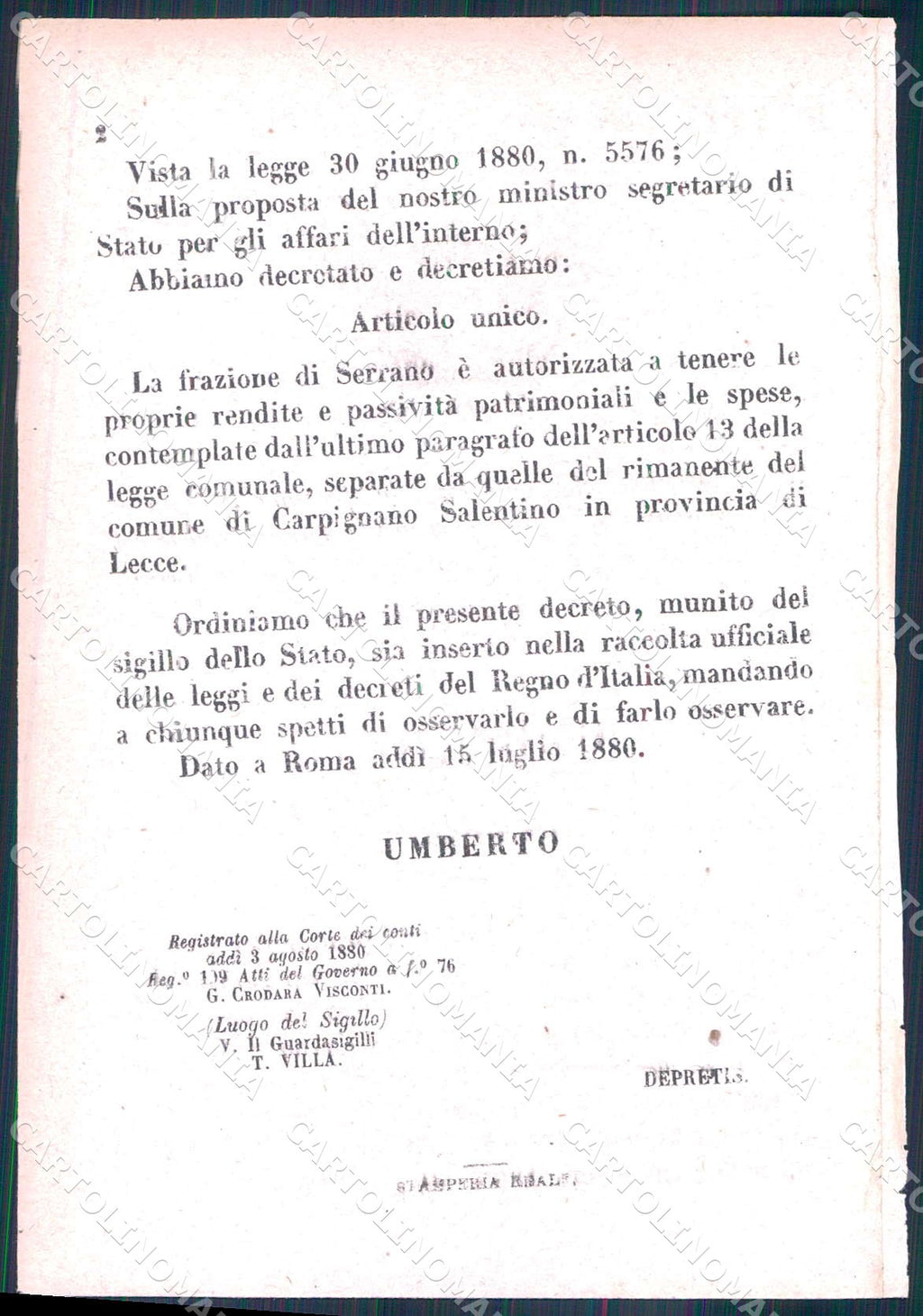 Regio Decreto N 5571 1880 Carpignano Salentino Frazione Serrano WX7445 – retro