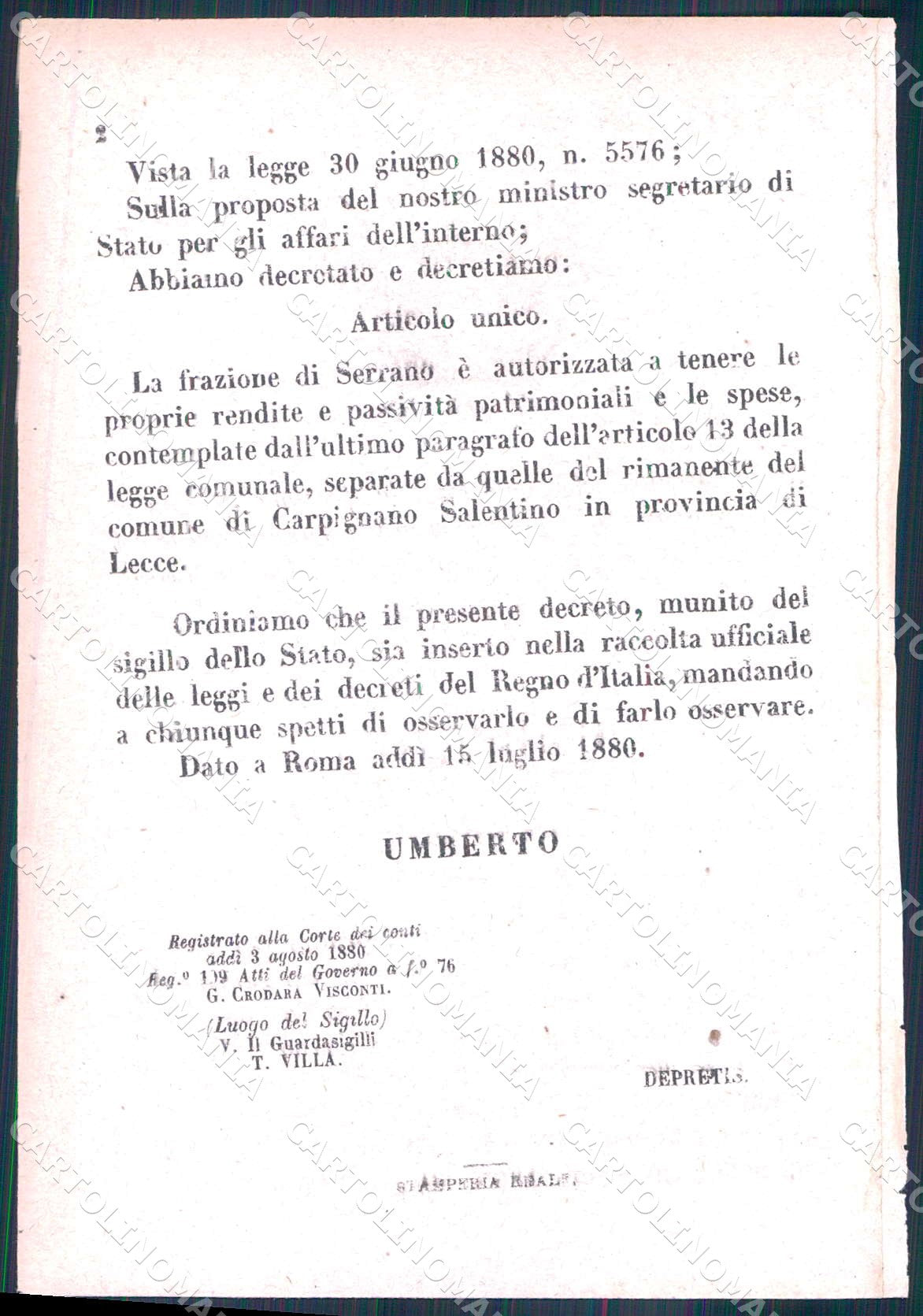 Regio Decreto N 5571 1880 Carpignano Salentino Frazione Serrano WX7445 – retro