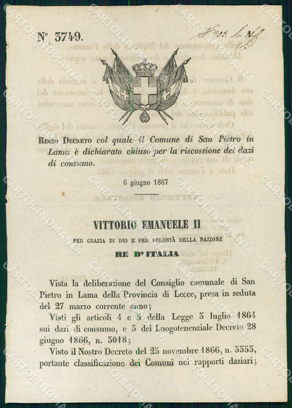 Regio Decreto N 3749 1867 San Pietro in Lama Lecce Riscossione Dazi WX7446 – fronte