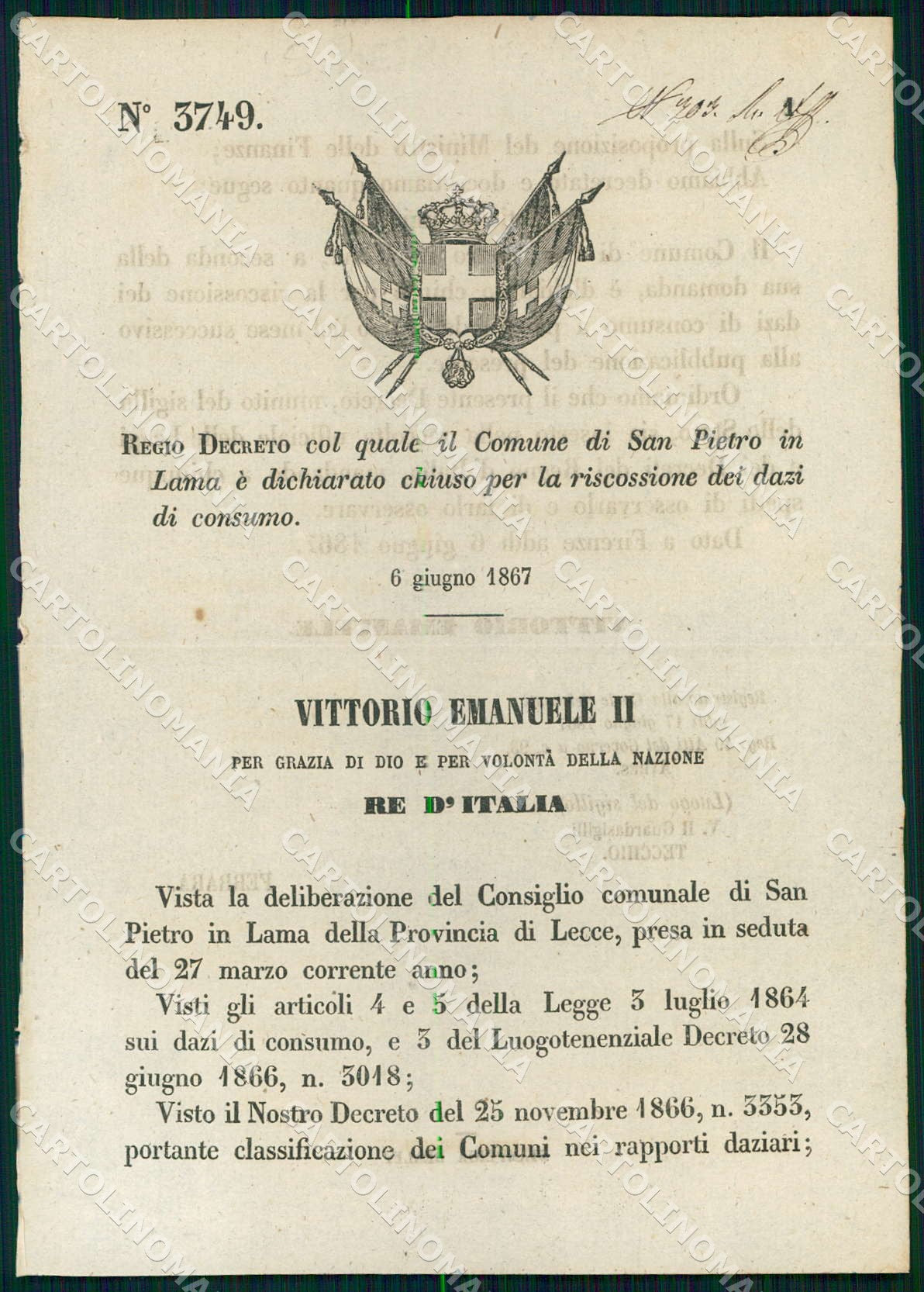 Regio Decreto N 3749 1867 San Pietro in Lama Lecce Riscossione Dazi WX7446 – fronte