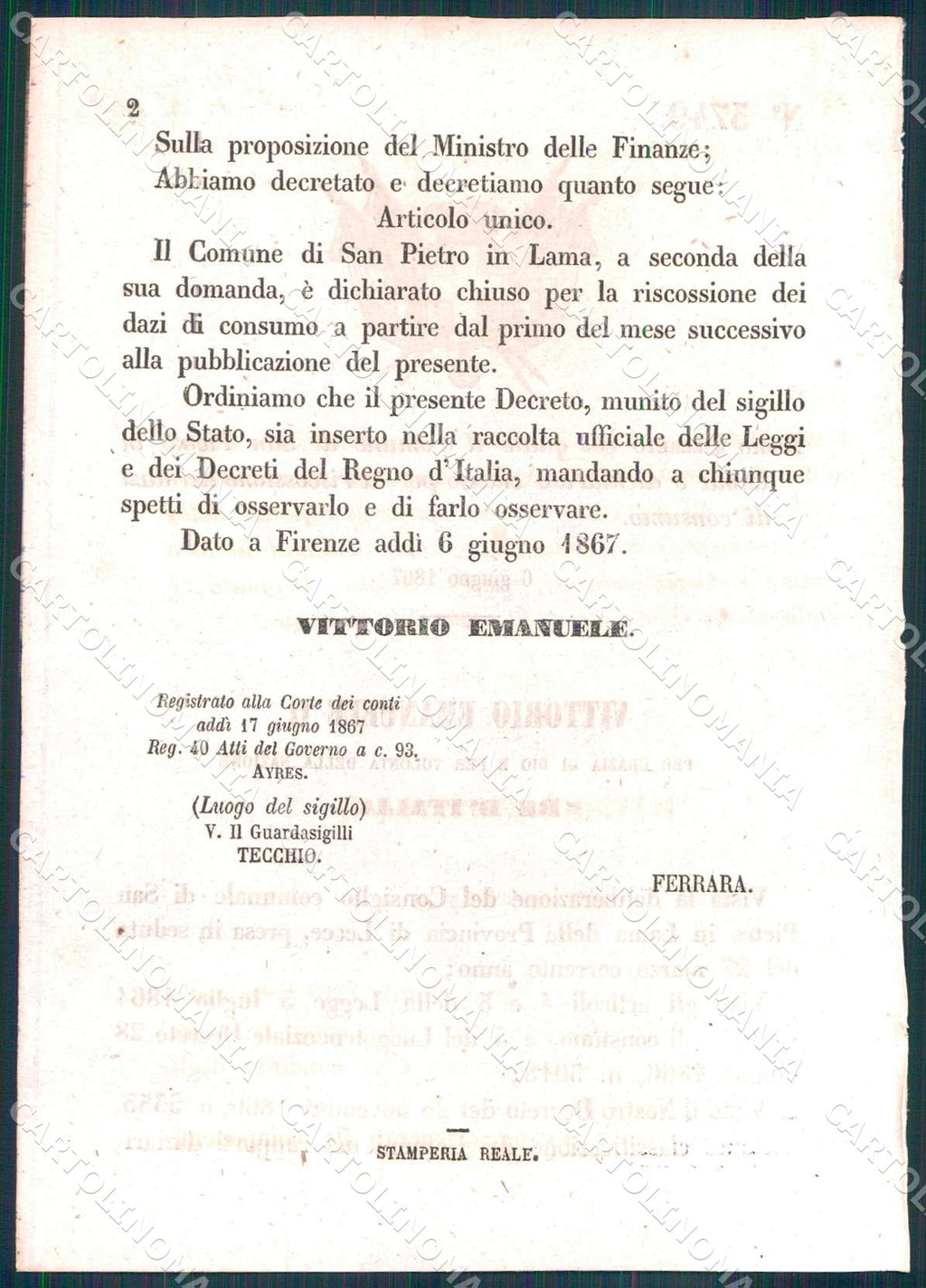 Regio Decreto N 3749 1867 San Pietro in Lama Lecce Riscossione Dazi WX7446 – retro