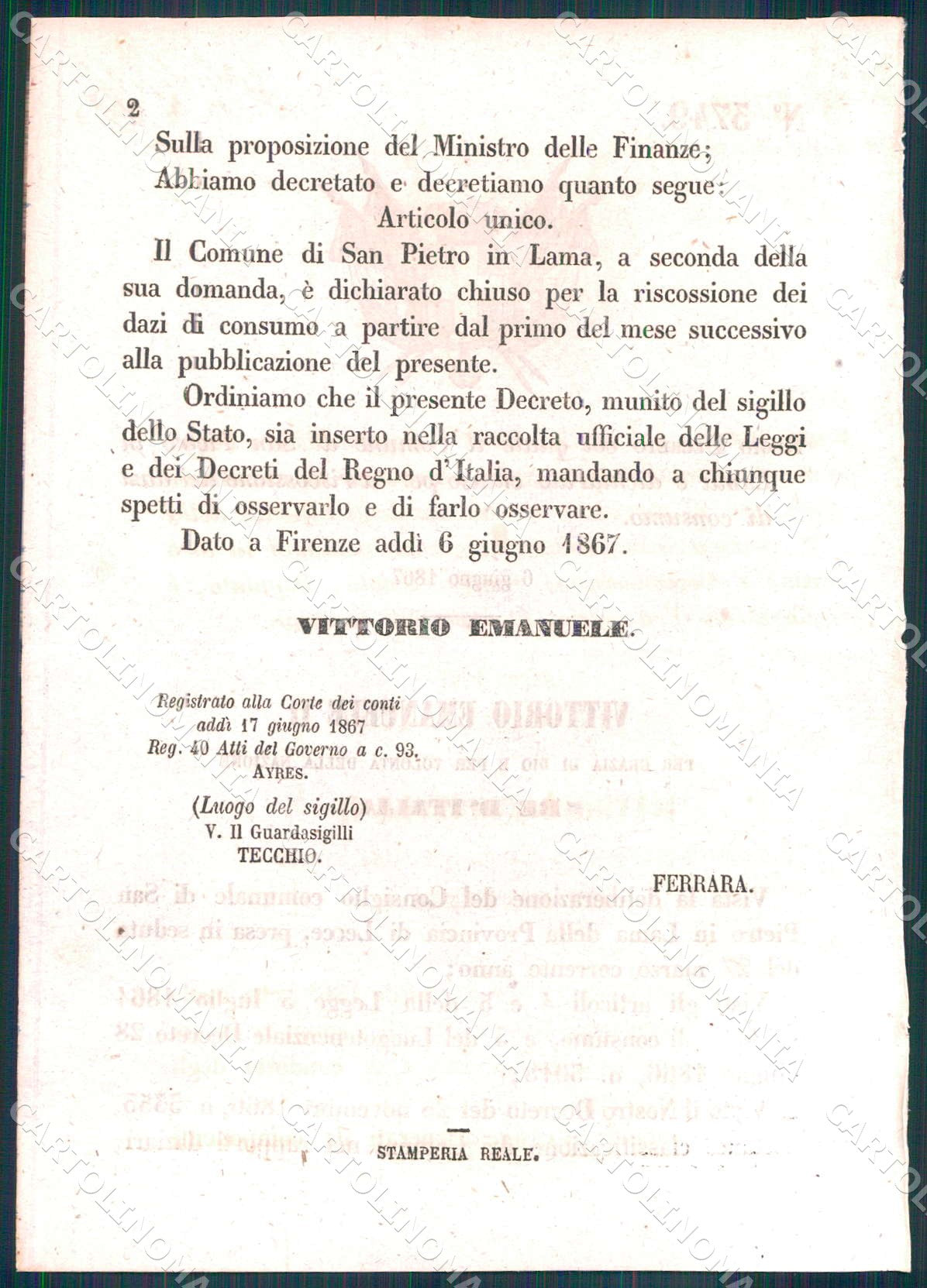 Regio Decreto N 3749 1867 San Pietro in Lama Lecce Riscossione Dazi WX7446 – retro