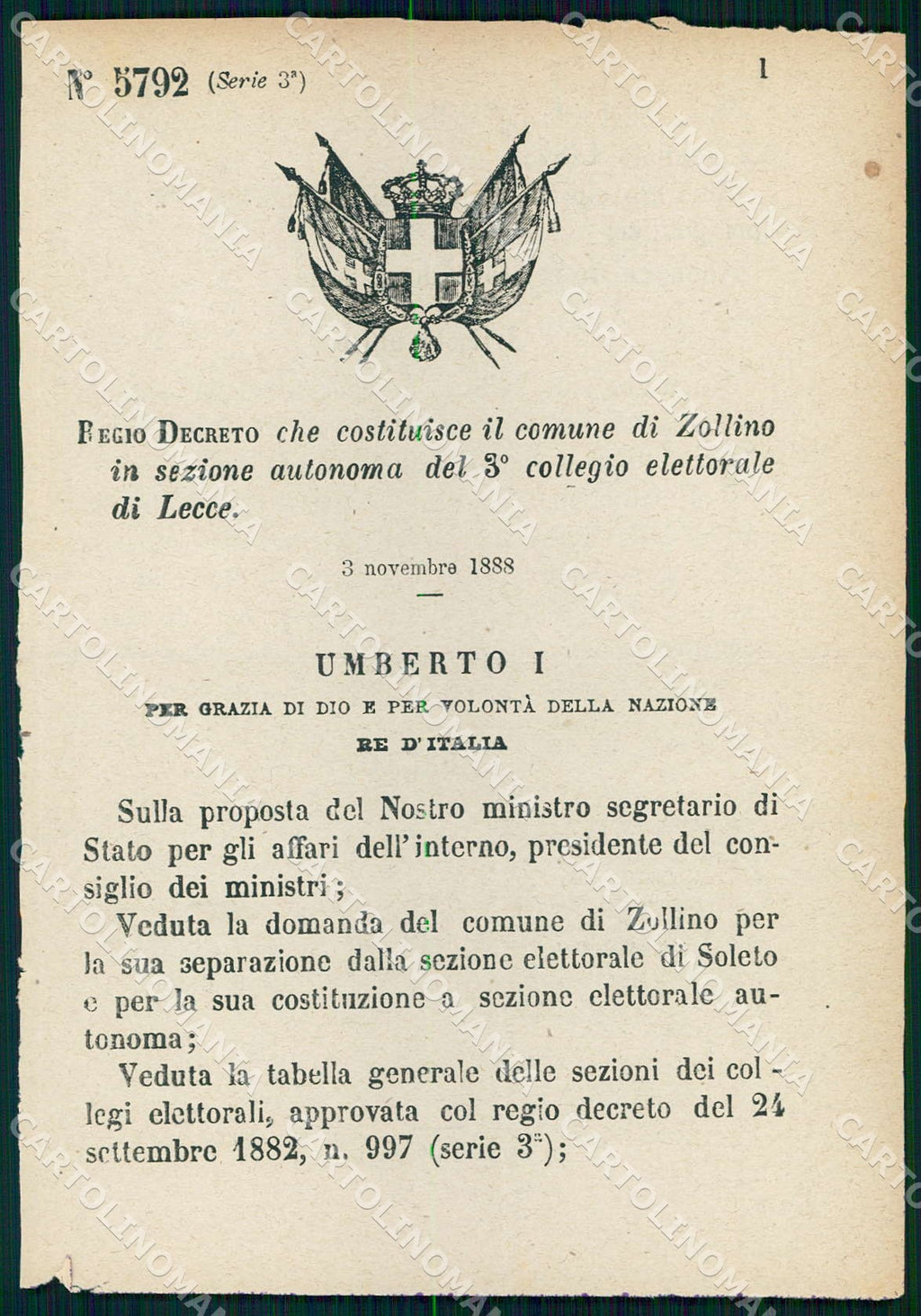 Regio Decreto N 5792 1888 Zollino Lecce Separazione Elettorale Soleto WX7447 – fronte