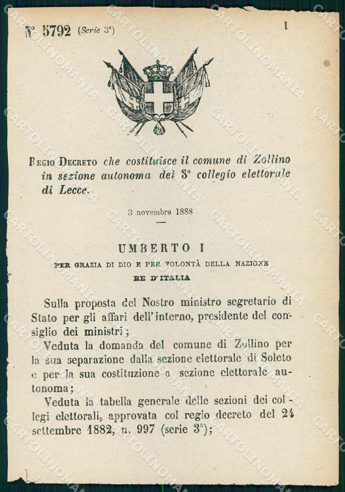 Regio Decreto N 5792 1888 Zollino Lecce Separazione Elettorale Soleto WX7447 – fronte