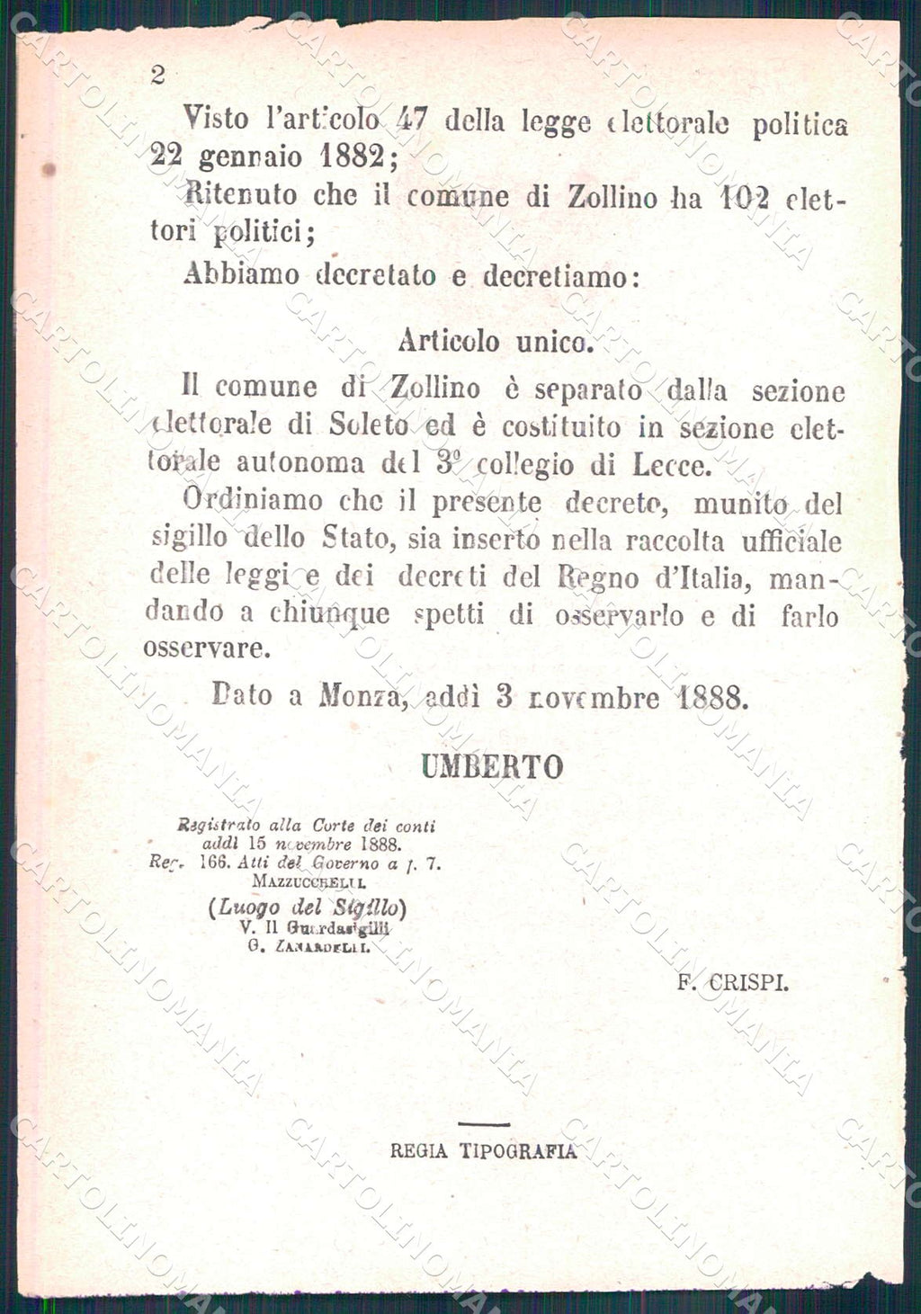 Regio Decreto N 5792 1888 Zollino Lecce Separazione Elettorale Soleto WX7447 – retro