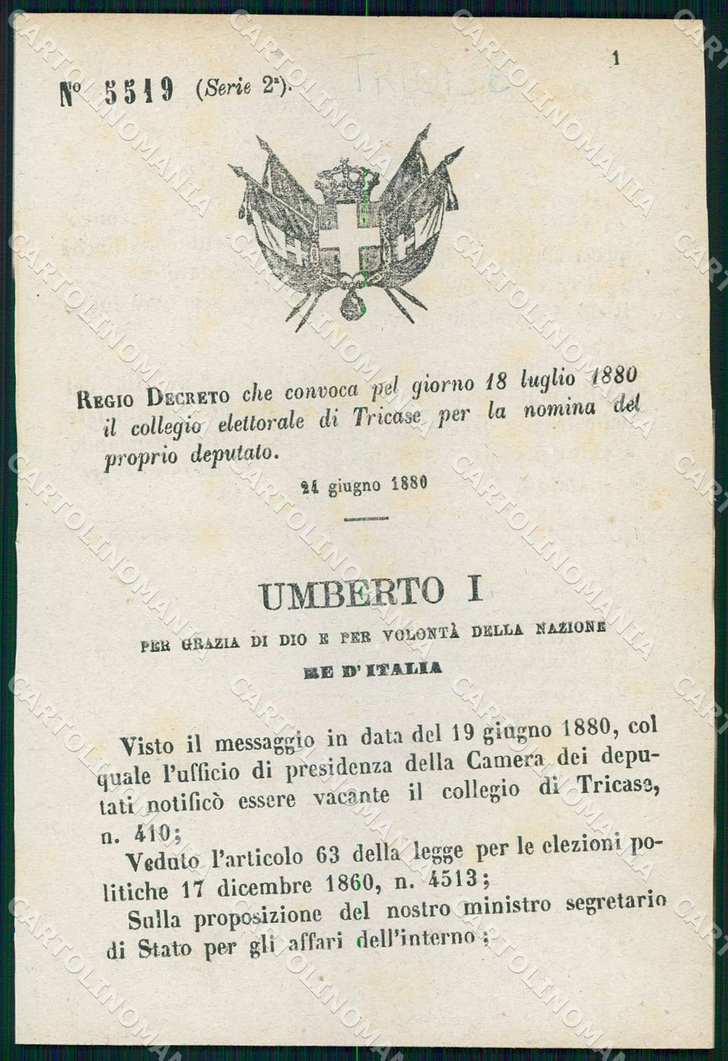 Regio Decreto N 5519 1880 Tricase Nomina Deputato Camera WX7448 – fronte