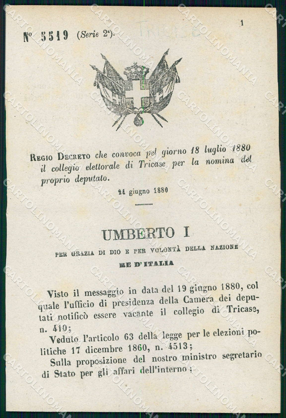 Regio Decreto N 5519 1880 Tricase Nomina Deputato Camera WX7448 – fronte
