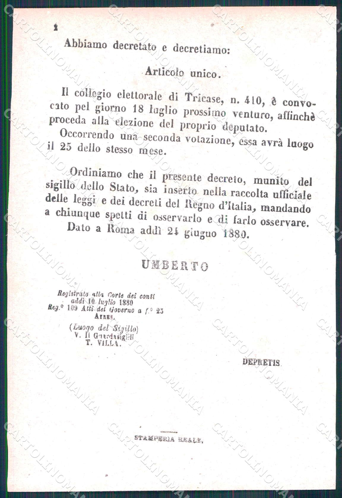 Regio Decreto N 5519 1880 Tricase Nomina Deputato Camera WX7448 – retro