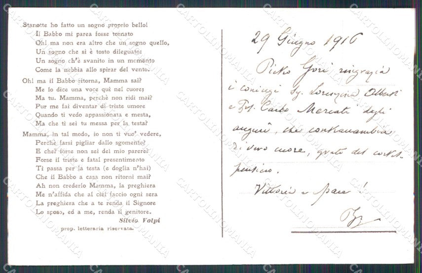 WW1 WWI Propaganda La Famiglia Italiana Silvio Volpi cartolina XB5623 – retro