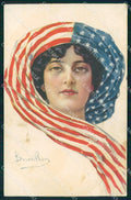 Illustratori Lady American Flag Bourrillon serie 73-2 PIEGHE cartolina XB5744 – fronte