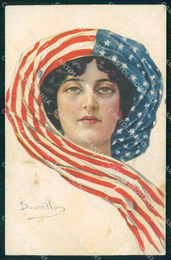 Illustratori Lady American Flag Bourrillon serie 73-2 PIEGHE cartolina XB5744 – fronte