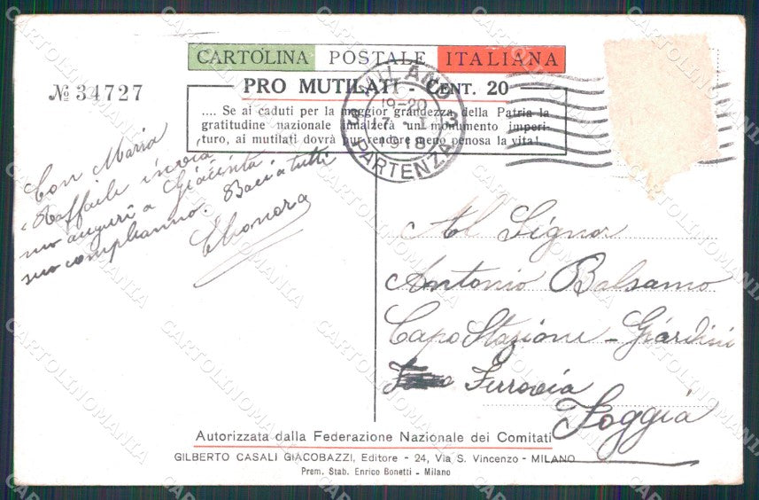 WW1 Propaganda Vaticano Fontana Pro Mutilati Numerata ABRASA cartolina XB5822 – retro