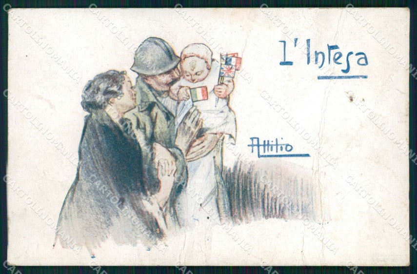 WW1 Propaganda Italiana Alleati Tricolore Flag Attilio PIEGHE cartolina XB5832 – fronte