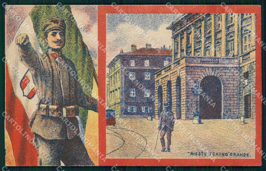 WW1 Propaganda Soldato Tricolore Trieste Teatro Grande PIEGHE cartolina XB5850 – fronte
